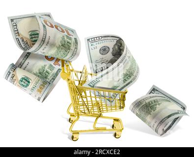 supermarket basket, full of money. money flying out of golden basket. Stock Photo