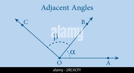 Adjacent angles in mathematics. Two angles with common vertex and side. Vector illustration isolated on blue background. Stock Vector