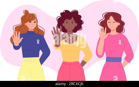 Gender violence. Elimination racial bias against women international day concept, girls with stop gesture woman riot demonstration feminism manifestation vector illustration of solidarity feminism Stock Vector