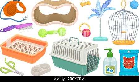 Pet supplies. Veterinary shopping products, pets accessories items kit for dog and cat domestic animals treat, toys puppy food shampoo leash cartoon vector illustration of veterinary animal supplies Stock Vector