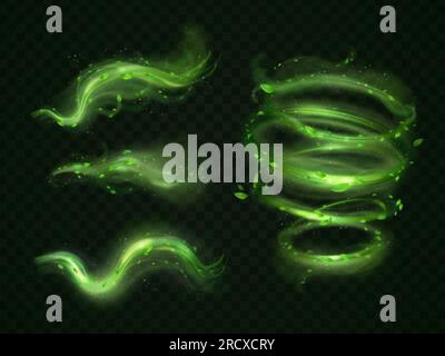 Magic leaf wind. Flying leaves natural effect with magical green glow energy, spiral flow swirl of fresh tea or mint leafs, herbal plant forest vortex 3d exact vector illustration of effect leaf magic Stock Vector