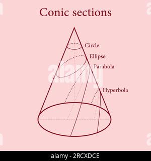 Types of conic sections. Circle, Ellipse, Parabola and Hyperbola. Vector illustration isolated on red background. Stock Vector