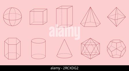 3D geometric shapes. Square, Cube, Cuboid, Pentagonal pyramid, Octahedron, Hexagonal prism, Cylinder, Cone, Icosahedron and Dodecahedron shapes. Stock Vector