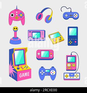Video game gadgets. Gamepad consoles for nerd vintage assets in retro style recent vector pictures set isolated Stock Vector