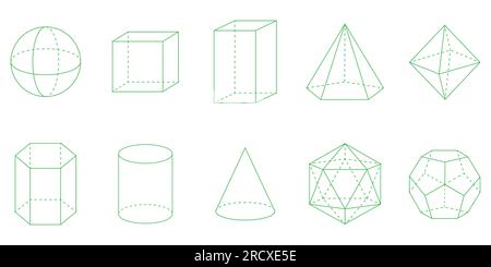 3D geometric shapes. Square, Cube, Cuboid, Pentagonal pyramid, Octahedron, Hexagonal prism, Cylinder, Cone, Icosahedron and Dodecahedron shapes. Stock Vector