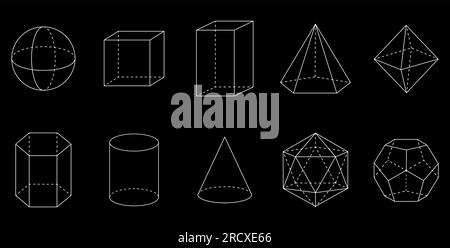 3D geometric shapes. Square, Cube, Cuboid, Pentagonal pyramid, Octahedron, Hexagonal prism, Cylinder, Cone, Icosahedron and Dodecahedron shapes. Stock Vector
