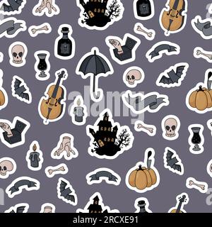 Seamless pattern gothic Halloween. Spooky house, bats, rum, cello, hand thing, pumpkin and skulls with bones on gray background. Vector illustration Stock Vector