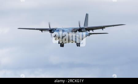 French Air and Space Force - CASA CN-235 tactical transport aircraft arriving at RAF Fairford at perform at the Royal International Air Tattoo 2023. Stock Photo