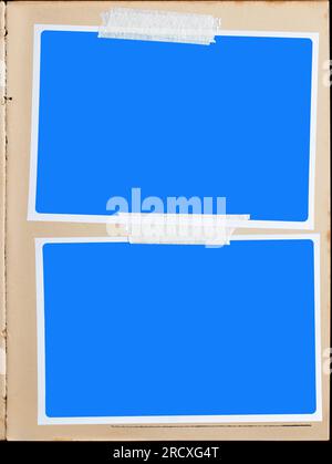 A vintage book page with two blank photo frames attached with adhesive tape. Stock Photo