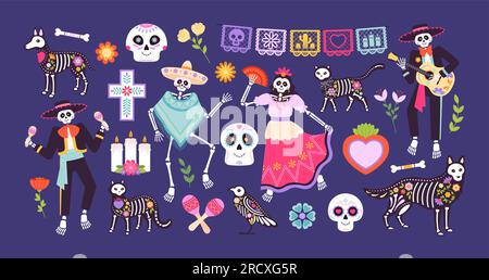 Horror mexican animals skulls, sugar pet skull and skeletons. Mexican fiesta decoration, cartoon celebrating day of dead racy vector symbols Stock Vector