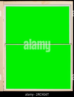A vintage book page with two blank photo frames. Stock Photo