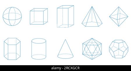 3D geometric shapes. Square, Cube, Cuboid, Pentagonal pyramid, Octahedron, Hexagonal prism, Cylinder, Cone, Icosahedron and Dodecahedron shapes. Stock Vector