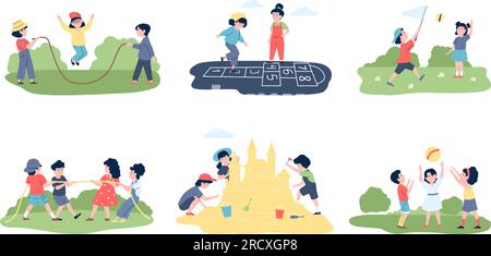 Kids outdoor play hopscotch, game children on nature. Cartoon child with ball, build sand castle and jumping with rope. Recent holidays vector scenes Stock Vector