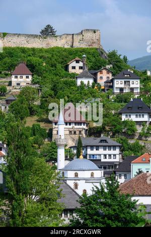 Looking across to the old town of Jajce with its Ottoman architecture and the Castle in the background. Central Bosnia Herzegovina, Balkan Peninsula, Stock Photo
