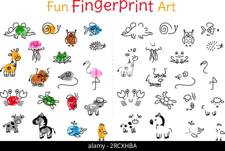Kids animals fingerprint game. Art nursery educational baby activities, school lesson. Fun child drawing play with print finger, classy vector page Stock Vector