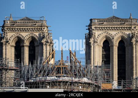 Paris, France. 17th July, 2023. A view of Notre-Dame Cathedral's reconstruction works underway after the dramatic fire of April 15, 2019. Paris, France on July 17, 2020. Photo by Eliot Blondet/ABACAPRESS.COM Credit: Abaca Press/Alamy Live News Stock Photo