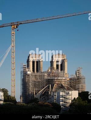 Paris, France. 17th July, 2023. A view of Notre-Dame Cathedral's reconstruction works underway after the dramatic fire of April 15, 2019. Paris, France on July 17, 2020. Photo by Eliot Blondet/ABACAPRESS.COM Credit: Abaca Press/Alamy Live News Stock Photo