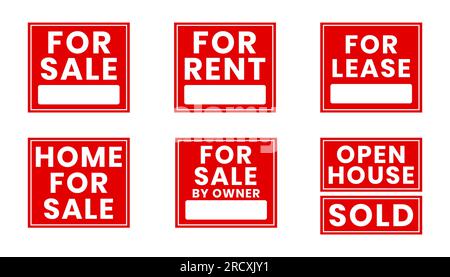 For sale, for rent, sold writings on red boards on white background. Pictogram, icon set illustration. Useful for website design, banner, print media. Stock Photo