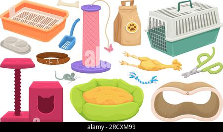 Pet shop accessories. Pets care supplies and toys for domestic animals, cartoon stuff cat and dog equipment items, collar bed food cage puppy kennel, set decent vector illustration of pet care shop Stock Vector