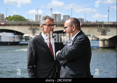 Paris, France. 17th July 2023. Laurent Nunez, Paris Police Prefect and Marc Guillaume, State Councillor, Prefect of Paris, Prefect of the Ile-de-France region during the dress rehearsal for the opening ceremony of the Paris 2024 Olympic Games. Some forty boats parade along the Seine between the Pont d'Austerlitz and the Pont d'Iena to test the maneuvers, distances and duration of the future opening ceremony on July 17, 2023.   the extravaganza will unfold along the River Se Credit: Abaca Press/Alamy Live News Stock Photo