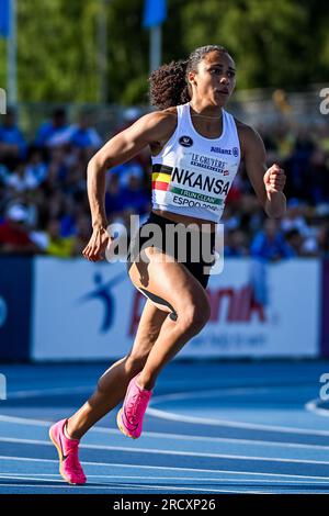 Espoo, Finland. 15th July, 2023. Belgian Delphine Nkansa pictured in action during the 200m race at the third day of the European Athletics U23 Championships, Saturday 15 July 2023 in Espoo, Finland. The European championships take place from 13 to 17 July. BELGA PHOTO THOMAS WINDESTAM Credit: Belga News Agency/Alamy Live News Stock Photo