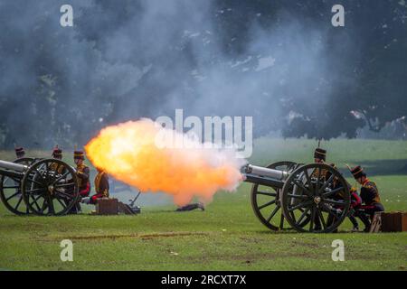 Green Park, London, UK. 17th July, 2023. The King's Troop Royal Horse Artillery fire a 41 Gun Royal Salute at mid-day with music by the Band of the Coldstream Guards to mark Her Majesty The Queen's birthday. This is the first formal birthday salute for Her Majesty Queen Camilla since becoming Queen. Credit: Malcolm Park/Alamy Live News Stock Photo