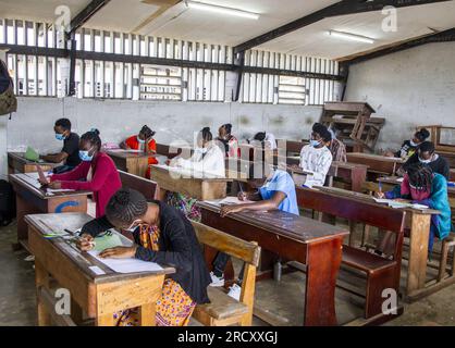 Baccalaureate candidates during a test at the Paul Indjendjet-Gondjout high school in Libreville, August 20, 2020 Stock Photo