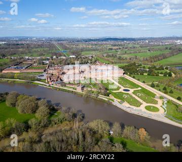 Aerial view of Hampton Court Palace and the River Thames, Surrey, UK ...