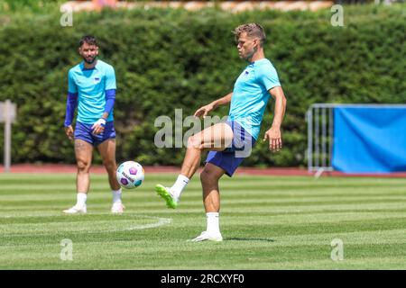 Zell Am See, Austria. 17th July, 2023. Soccer: 2nd Bundesliga, Hertha BSC training camp, Hertha's Florian Niederlechner plays the ball with his foot. Credit: Tim Rehbein/dpa/Alamy Live News Stock Photo