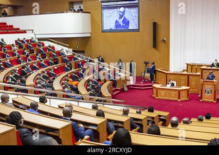 President Ali Bongo Ondimba during his speech to the National Assembly before the two Gabonese Parliaments (National Assembly and Senate) meeting in Congress on 25 June 2021 Leon Mba Palace in Libreville Stock Photo