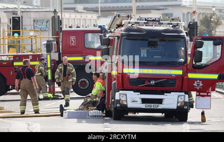Brighton, UK. 17th July, 2023. Fire and Rescue services outside the Royal Albion Hotel today, Part of the 197-year-old hotel's facade is due to be knocked down. Credit: James Boardman/Alamy Live News Stock Photo