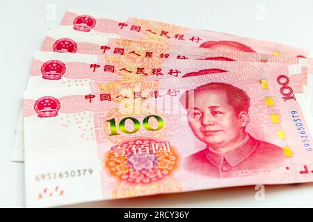 Chinese 100 Yuan bank noted isolated in white. Stock Photo