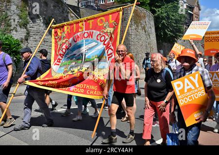 NHS junior doctor's strike for increased pay protest march in Bristol, England, 17 July 2023. Marching through city centre near Bristol Royal Infirmar Stock Photo