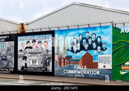 Peace Wall murals painted in West Belfast, the Troubles and Peace Process Landmarks, County Antrim, Northern Ireland, United Kingdom. Stock Photo