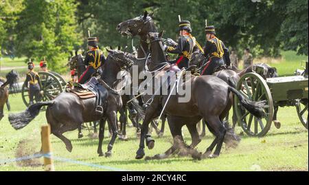 London, UK. 17th July, 2023. King's Troop Royal Horse Artillery in Green Park London firing a 41 Gun Royal Salute for Her Majesty the Queen's Birthday Credit: Ian Davidson/Alamy Live News Stock Photo