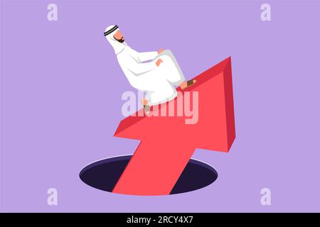 Graphic flat design drawing young Arab businessman standing on big arrows coming out of holes. Male manager leading financial graph rising from hole. Stock Photo