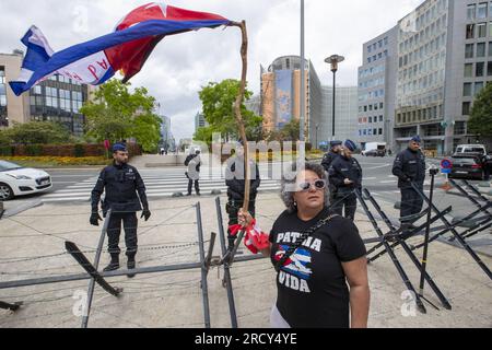 Brussels, Belgium. 17th July, 2023. Brussels, BelgiumIllustration picture shows a demonstration for freedom of expression in Brazil on the occasion of the Summit between the European Union and the Community of Latin American and Caribbean States (CELAC), in Brussels, Monday 17 July 2023. Credit: Belga News Agency/Alamy Live News Stock Photo