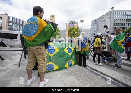 Brussels, Belgium. 17th July, 2023. Brussels, BelgiumIllustration picture shows a demonstration for freedom of expression in Brazil on the occasion of the Summit between the European Union and the Community of Latin American and Caribbean States (CELAC), in Brussels, Monday 17 July 2023. Credit: Belga News Agency/Alamy Live News Stock Photo