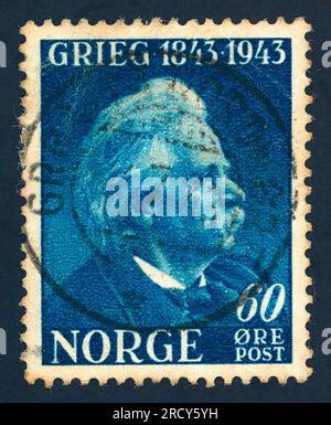 Edvard Hagerup Grieg (1843 – 1907), a Norwegian composer and pianist. A stamp issued in Norway in 1943 on the centennial of his birth. Stock Photo