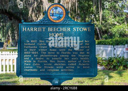 Historical marker for the winter home of Harriet Beecher Stowe, abolitionist author of Uncle Tom's Cabin, along the St. Johns River in Mandarin, FL. Stock Photo