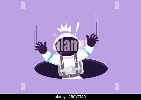 Cartoon flat style drawing young astronaut fell into manhole underground sewer in moon surface. Depressed spaceman due to exploration failure. Cosmona Stock Photo