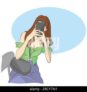 woman taking photo with smartphone illustration vector hand drawn isolated on white background Stock Vector