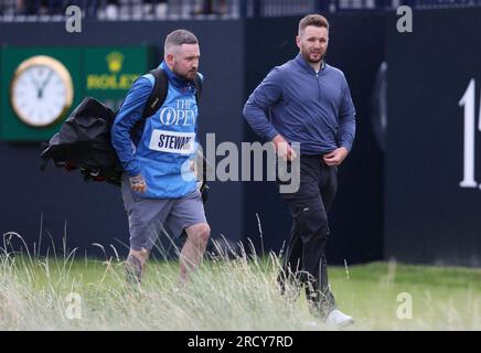 Hoylake, Merseyside, UK. 17th July 2023; Royal Liverpool Golf Club, Hoylake, Merseyside, England: The Open Championship Practice Day; Michael Stewart (SCO) walks from the tee at the first hole Credit: Action Plus Sports Images/Alamy Live News Stock Photo