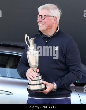 Hoylake, Merseyside, UK. 17th July 2023; Royal Liverpool Golf Club, Hoylake, Merseyside, England: The Open Championship Practice Day; CEO of the R&amp;A Martin Slumbers with the Claret Jug trophy Credit: Action Plus Sports Images/Alamy Live News Stock Photo