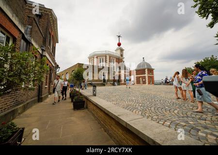 Royal Observatory Greenwich, London. See the Flamsteed House, Octagon Room, Great Equatorial Telescope, Time Ball and stand on the Prime Meridian Line Stock Photo