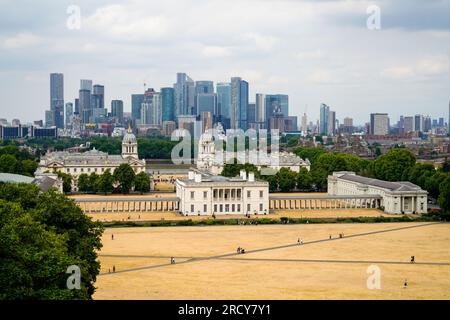 Greenwich cityscape. Historic London borough, located on the Thames river and home to the Royal Observatory, Old Royal Naval College, Maritime Museum. Stock Photo