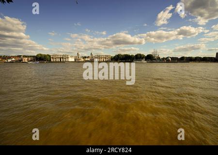 Greenwich, London cityscape from the River Thames. This Royal London borough is famous for its history and popular museums. Visit the observatory. Stock Photo