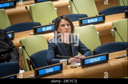 New York, USA. 17th July, 2023. Annalena Baerbock (Bündnis 90/Die Grünen), Foreign Minister, attends the ceremony marking the 25th anniversary of the Rome Statute of the International Criminal Court. Credit: Michael Kappeler/dpa/Alamy Live News Stock Photo