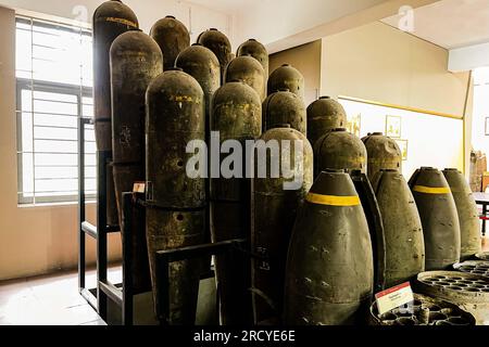 Hanoi, Vietnam. 14th July, 2023. This photo taken on July 14, 2023 shows cluster bomblets left by the U.S. military during the Vietnam war at a museum in Hanoi, Vietnam. TO GO WITH 'Feature: Lingering war ghosts continue to haunt Vietnamese due to U.S. cluster bombs' Credit: Pham Dinh Duc/Xinhua/Alamy Live News Stock Photo