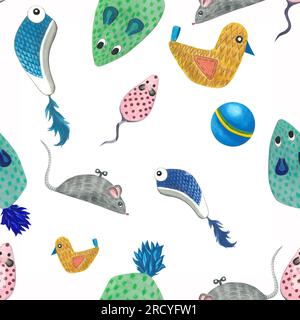 Watercolor illustration of cat toys. Seamless pattern on a white background is made by hand. Stock Photo